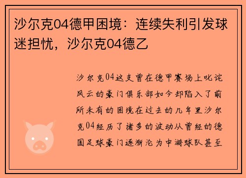 沙尔克04德甲困境：连续失利引发球迷担忧，沙尔克04德乙