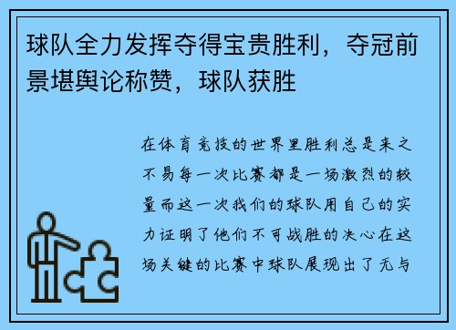 球队全力发挥夺得宝贵胜利，夺冠前景堪舆论称赞，球队获胜