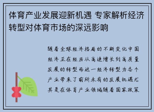 体育产业发展迎新机遇 专家解析经济转型对体育市场的深远影响